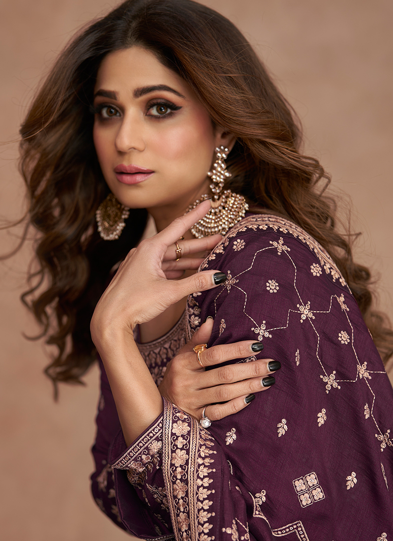 Wine Embellished Silk Dupatta main image 1